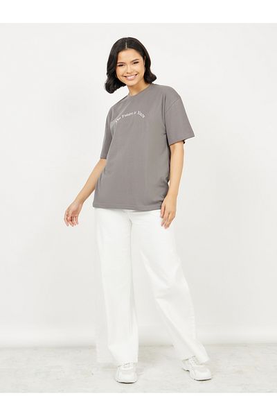 Styli Oversized Embroidered Slogan Drop Shoulder T-Shirt