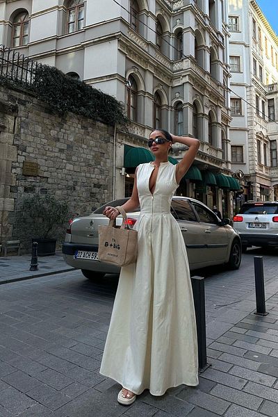 FMN Moda μηδενικά μανίκια μεγάλο φερμουάρ λεπτομέρεια φαρδιά φούστα λινό ύφασμα pinterest ισοδύναμο φόρεμα στη μέση