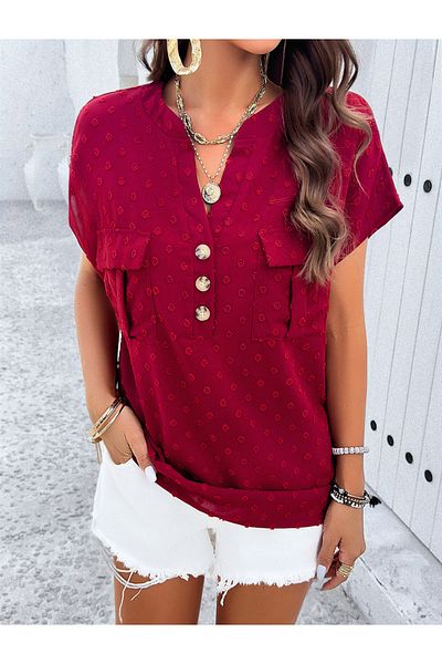 DY By Styli Dobby Notch Neck Blouse with Flap Pocket