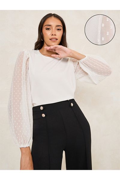 Styli Solid Round Neck Top with Dobby Balloon Sleeves