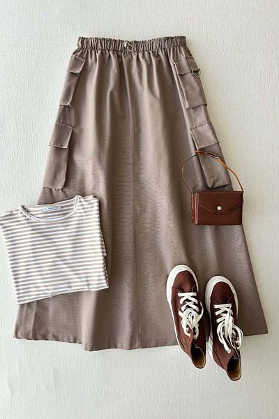 Ceylan Otantik Milk Brown Striped Mink Tunic and Cargo Pocket Skirt Set