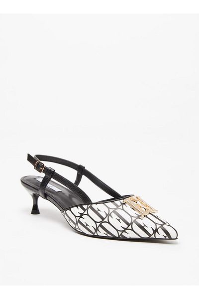 ELLE Monogram Print Pumps with Buckle Closure and Kitten Heels