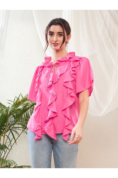 Sassafras By Styli Ruffle Detail Tie Up Neck Top with Bell Sleeves