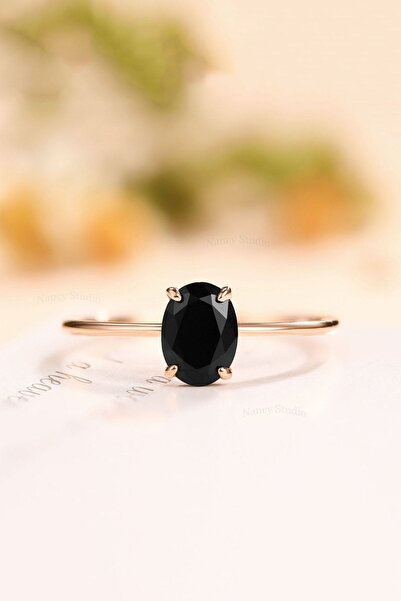 Sahira Jewelry Oval Dişli Model Siyah Zirkon Taşlı Rose Gümüş Minimal Yüzük
