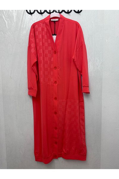 Puane Cardigan de damă cu model jacquard în șah - lung, cu nasturi, colorat Coral 15161