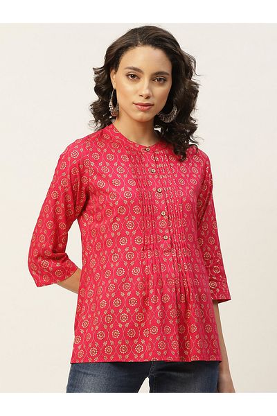 Sassafras By Styli Floral Foil Print Pleated Button Detail Top