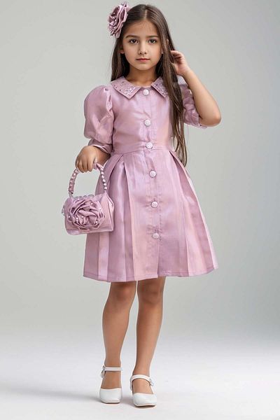 Riccotarz Shiny Satin Fabric - Stone Detailed Collar and Neck Buttoned Girl's Powder Dress