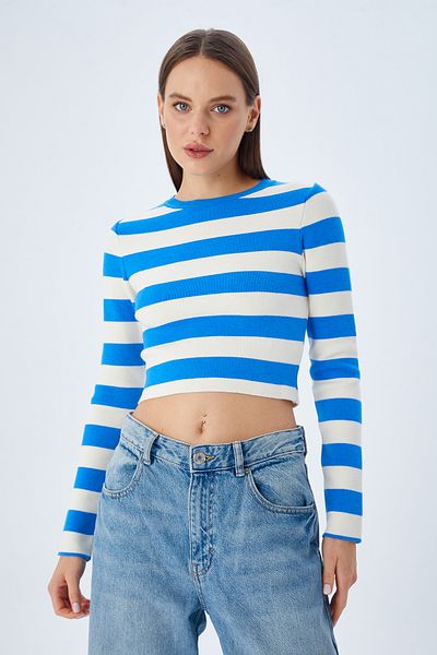 Mixray 6644 Pulover de damă, albastru închis, cu decolteu, cu dungi, cu textura moale