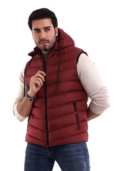 B.HE.Z Men's Inflatable Vest Y20 Gel Padding - Removable Zipper, Hooded, Water Repellent Claret Red