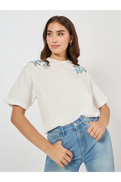 Styli Oversized Placement Embroidery Detail Cotton T-Shirt