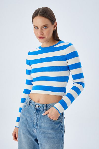 Mixray 6644 Pulover de damă, albastru închis, cu decolteu, cu dungi, cu textura moale
