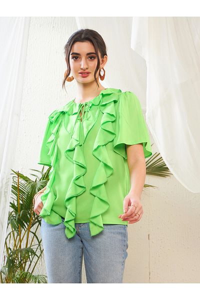 Sassafras By Styli Ruffle Detail Tie Up Neck Top with Bell Sleeves