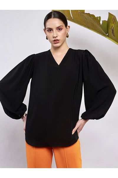 Sassafras By Styli V Neck Puff Sleeve Blouse