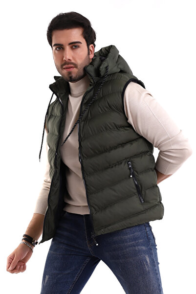 B.HE.Z Men's Khaki Puffer Vest - Y20 Model, Water Repellent, Hooded, Detachable Zipper