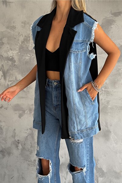 FEMELLE Синій довгий джинсовий жилет на блискавці з подвійними кишенями та тканинною деталлю