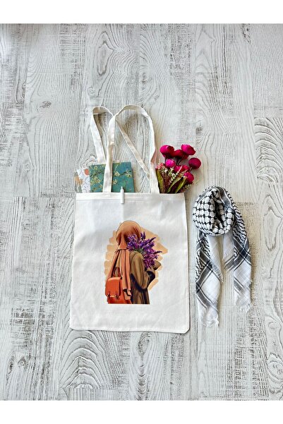 hicazavm Lavanta kadın figürlü ham bez pamuk çanta 35x40cm