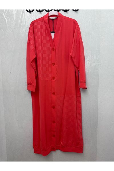 Puane Cardigan de damă cu model jacquard în șah - lung, cu nasturi, colorat Coral 15161