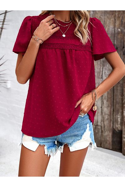 DY By Styli Swiss Dot Smocked High Neck Blouse