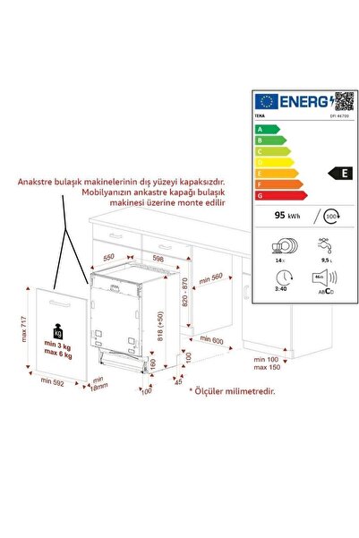 Teka Dfı 46700 Ankastre Bulaşık Makinesi, Tam Entegre, 7 Programlı, 14 Kişilik