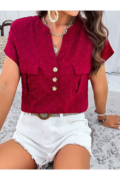 DY By Styli Dobby Notch Neck Blouse with Flap Pocket