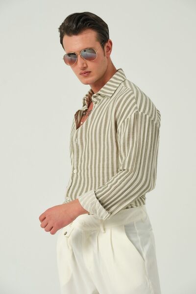 RELAXL Men's Green Striped Oversize Muslin Shirt - 100% Cotton