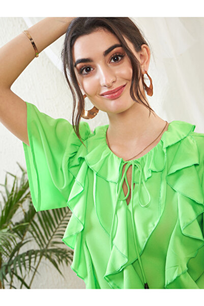 Sassafras By Styli Ruffle Detail Tie Up Neck Top with Bell Sleeves
