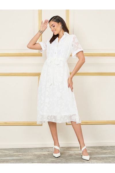 Styli Floral Texture Notch Neck A-Line Midi Dress with Self Tie Up