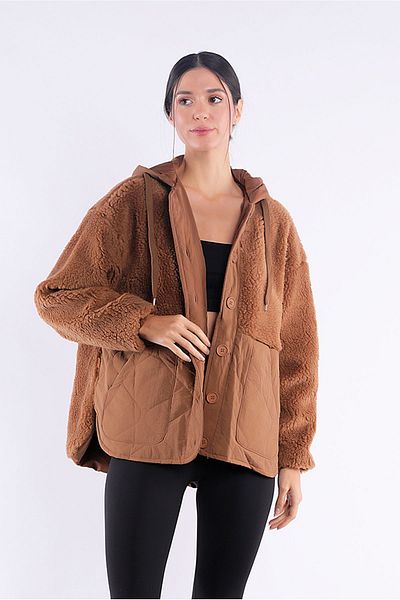 Yake Quilted Hooded Camel Coat with Faux Fur Detail