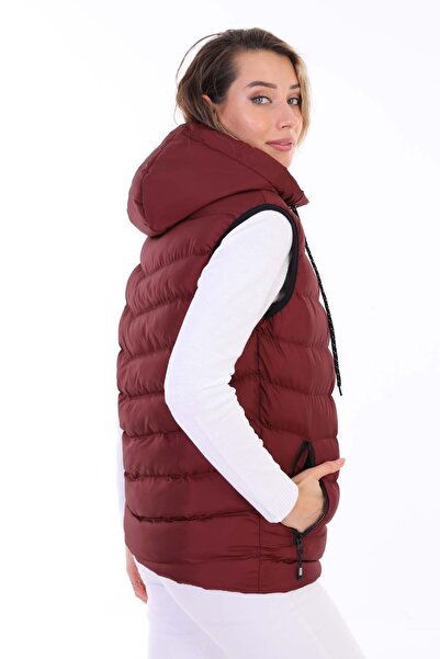 B.HE.Z Y20 Model Women's Puffer Vest - Gel Filled, Removable Zipper, Hood Pocket, Claret Red