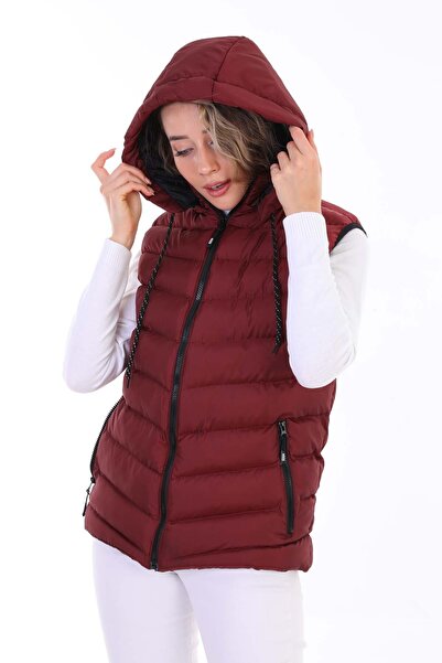 B.HE.Z Y20 Model Women's Puffer Vest - Gel Filled, Removable Zipper, Hood Pocket, Claret Red