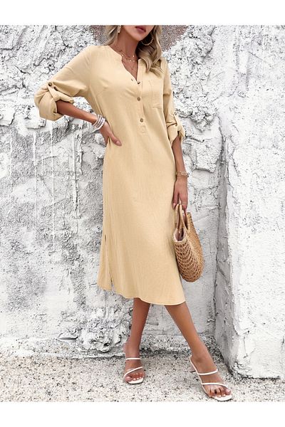 DY By Styli Half Placket Roll-Up Sleeves Midi Dress