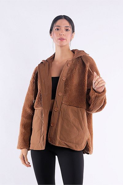 Yake Quilted Hooded Camel Coat with Faux Fur Detail