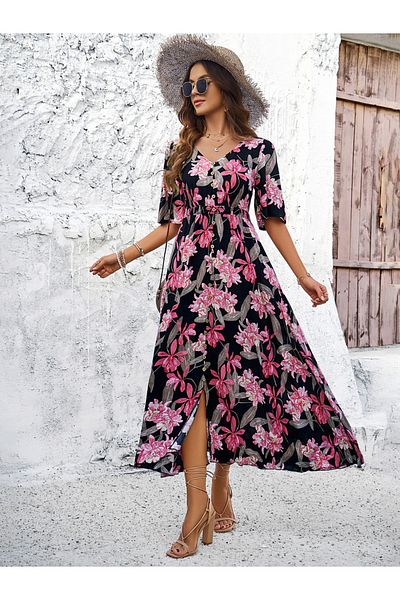 DY By Styli Floral Print Button Detail Midi Dress
