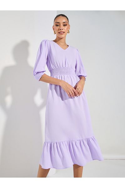 Styli Textured V Neck A-Line Midi Dress