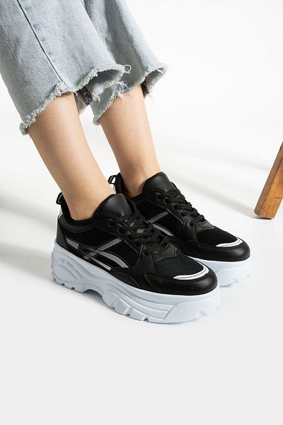 İnan Ayakkabı Black Skin Silver Print Detailed Daily Sneakers & Sports Shoes 6 cm Sole Height