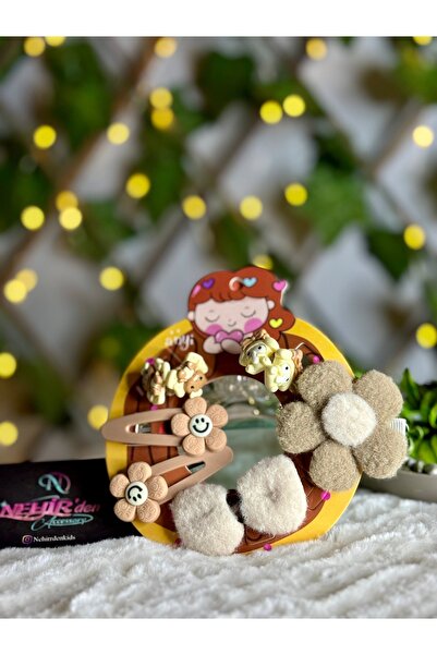 NEHİRDEN Krem Kahve Tonlu Çocuk Peluş Çıtçıt Lastik Toka Seti