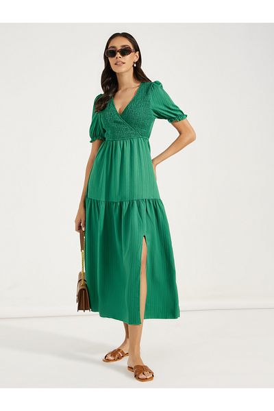 DY By Styli V Neck Tiered Midi Dress with Front Split
