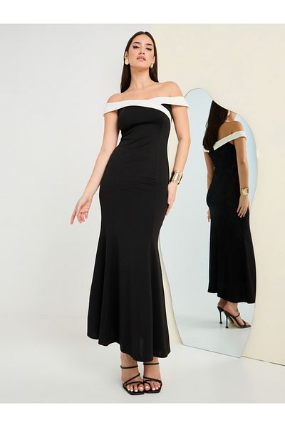 Styli Off-Shoulder Duo Tone Bodycon Maxi Dress