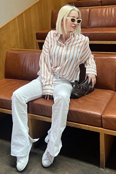 Madmext Mad Girls Kahverengi Çizgili Gömlek Mg1383