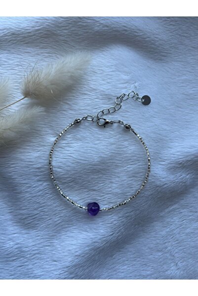 PelvedDesign Kırık ametist taşı kum boncuk gümüş bileklik el yapımı