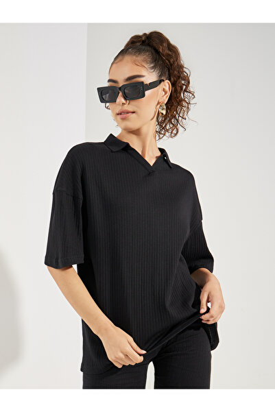 Styli تي شيرت بولو مضلع ذو كتف منسدل كبير الحجم