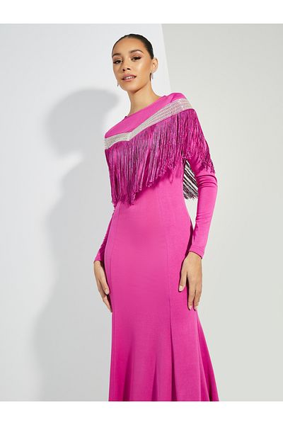 Styli Embellished Long Sleeves Mermaid Maxi Dress with Tassels