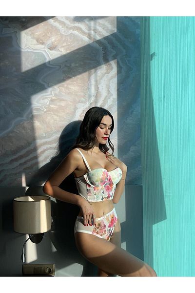 Cansoy Printed Corset Ecru Bra Set(677)