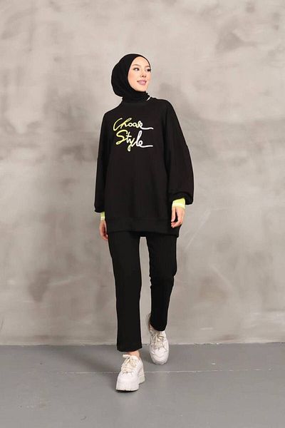 mimi moda Hijab Tracksuit Set - Embroidered, Oversize, 2 Thread Lycra Black