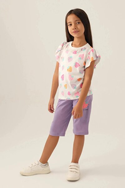 ROLY POLY 3411-2 Kız Çocuk Çilek Desenli Fırfırlı Kapri Takım