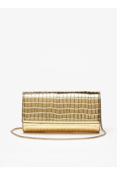 Celeste Textured Clutch with Metallic Chain Strap and Snap Button Closure