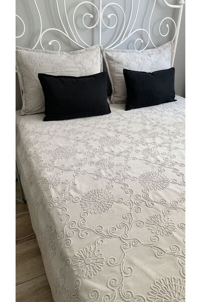 Decamor home Bohem Nakış Detaylı Gri Yatak Örtüsü Seti Çift Kişilik Pike Takımı