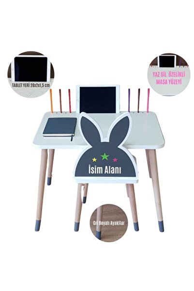 LİVA AHŞAP Çocuk Aktivite 1 Masa 1 Sandalye Takımı 2-6 Yaş - Tablet, Kalemlik...