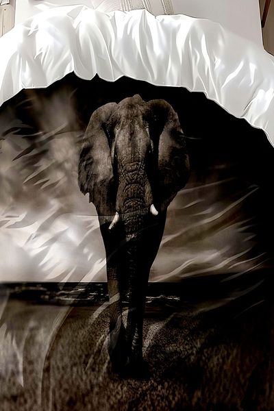 Else Halı Double Gray Cotton Satin Duvet Cover Set - Elephants Patterned and Printed