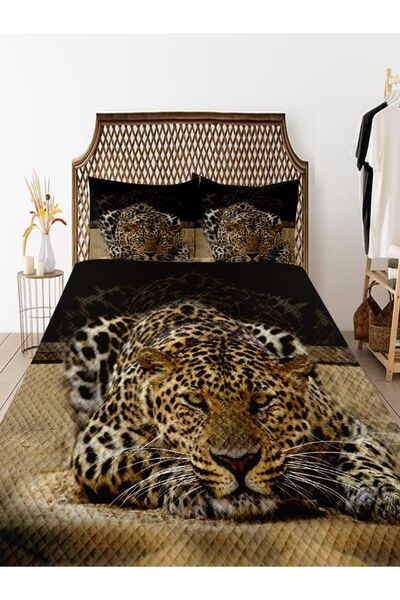 Else Halı Leopar  Desenli Baskılı Dekoratif Yatak Örtüsü Çift Kişilik Yastıkl...